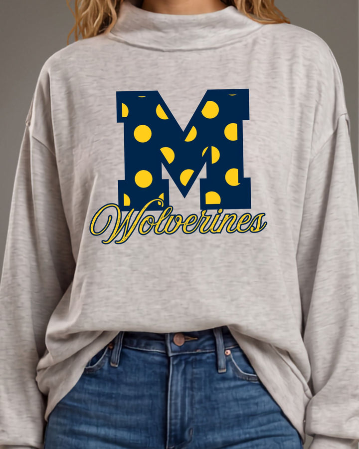 Michigan Wolverines gameday polka dot graphic mock neck sweatshirt in heather grey. Oversized, super soft, made in USA. Perfect gameday top. Sizes S–L.