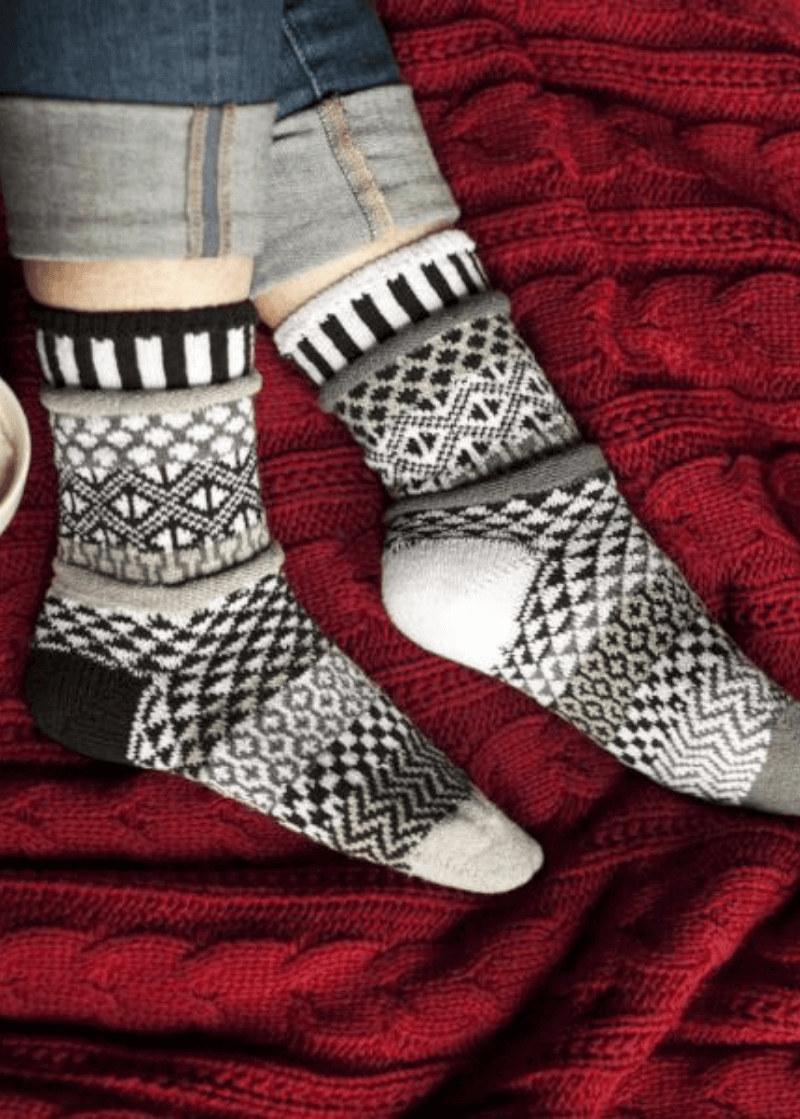 USA Made Socks Solmate MIDNIGHT Black & White Knitted Crew Socks | Made In USA | Delightfully Mismatched & so Very Comfortable. Classy Cozy Cool Women's Boutique.