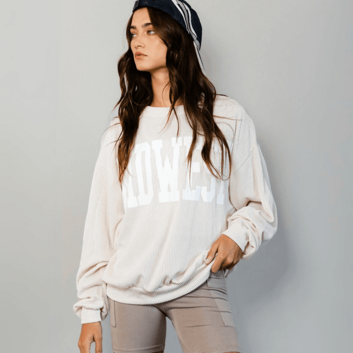 Made in USA Textured "MIDWEST" Graphic Oversized Game Day Textured Ribbed Sweatshirt in Cream with Crew Neck and Long Sleeves  | Bucket List Style T1770