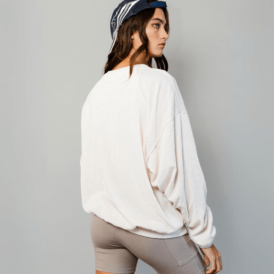 Made in USA Textured "MIDWEST" Graphic Oversized Game Day Textured Ribbed Sweatshirt in Cream with Crew Neck and Long Sleeves  | Bucket List Style T1770