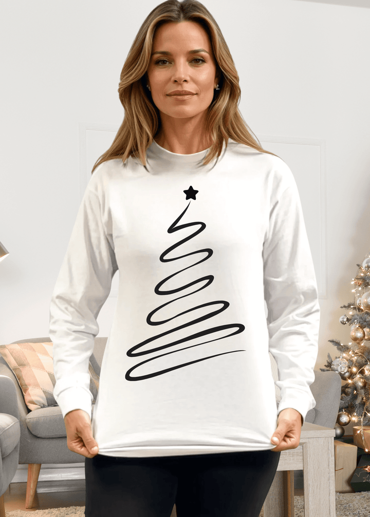 Made in USA with 100% USA Cotton, Celebrate the season in understated style with this minimalist Christmas tee. Featuring a striking black tree silhouette on crisp white cotton, it's the perfect blend of festive and effortlessly cool. 