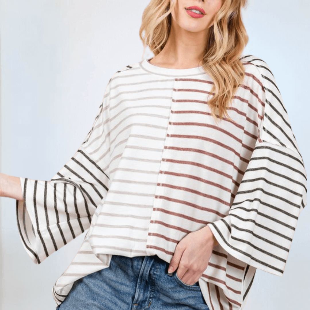 Made in USA Women's Contrast Striped Oversized Color Block Knit top. Round neck Drop shoulder, Oversized and comfort fit, 3/4 sleeve | Classy Cozy Cool Made in America Boutique