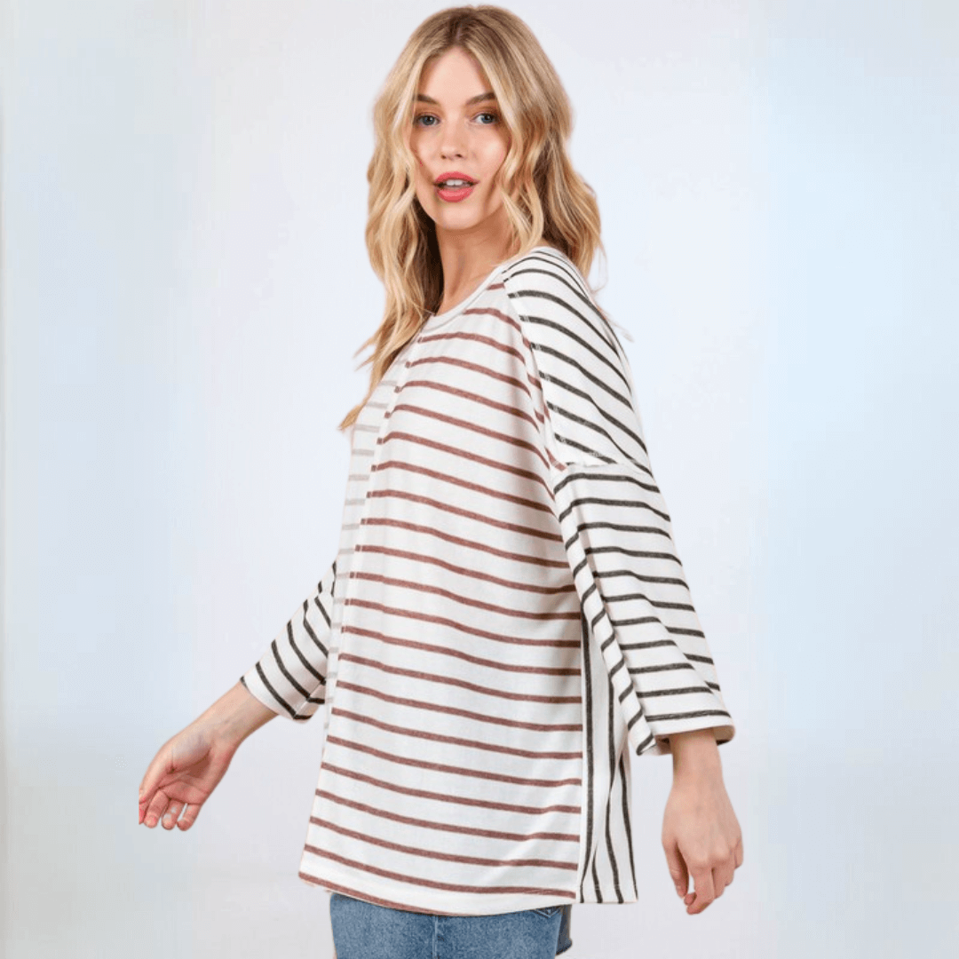 Made in USA Women's Contrast Striped Oversized Color Block Knit top. Round neck Drop shoulder, Oversized and comfort fit, 3/4 sleeve | Classy Cozy Cool Made in America Boutique