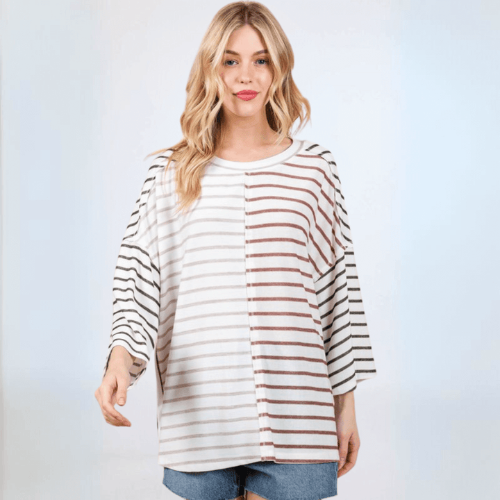 Made in USA Women's Contrast Striped Oversized Color Block Knit top. Round neck Drop shoulder, Oversized and comfort fit, 3/4 sleeve | Classy Cozy Cool Made in America Boutique