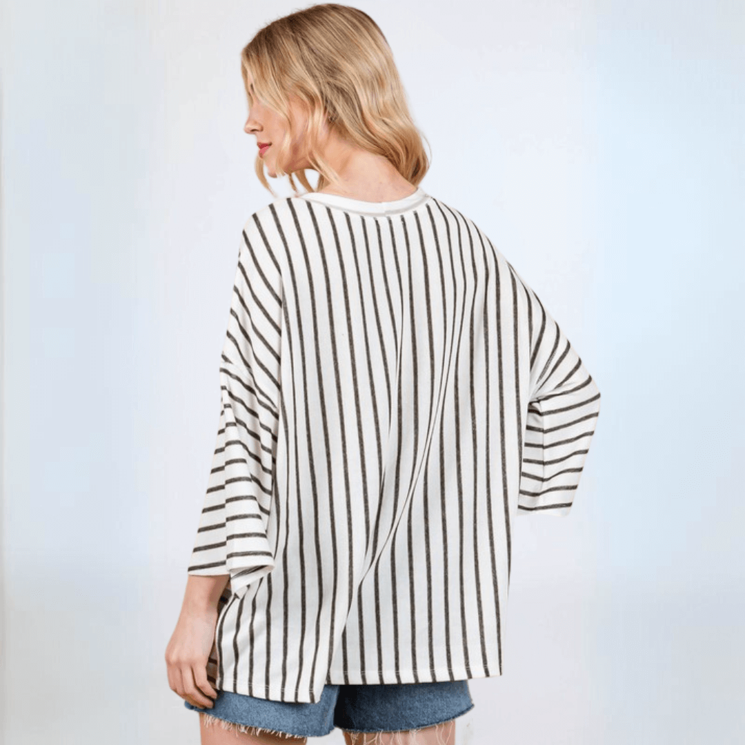 Made in USA Women's Contrast Striped Oversized Color Block Knit top. Round neck Drop shoulder, Oversized and comfort fit, 3/4 sleeve | Classy Cozy Cool Made in America Boutique