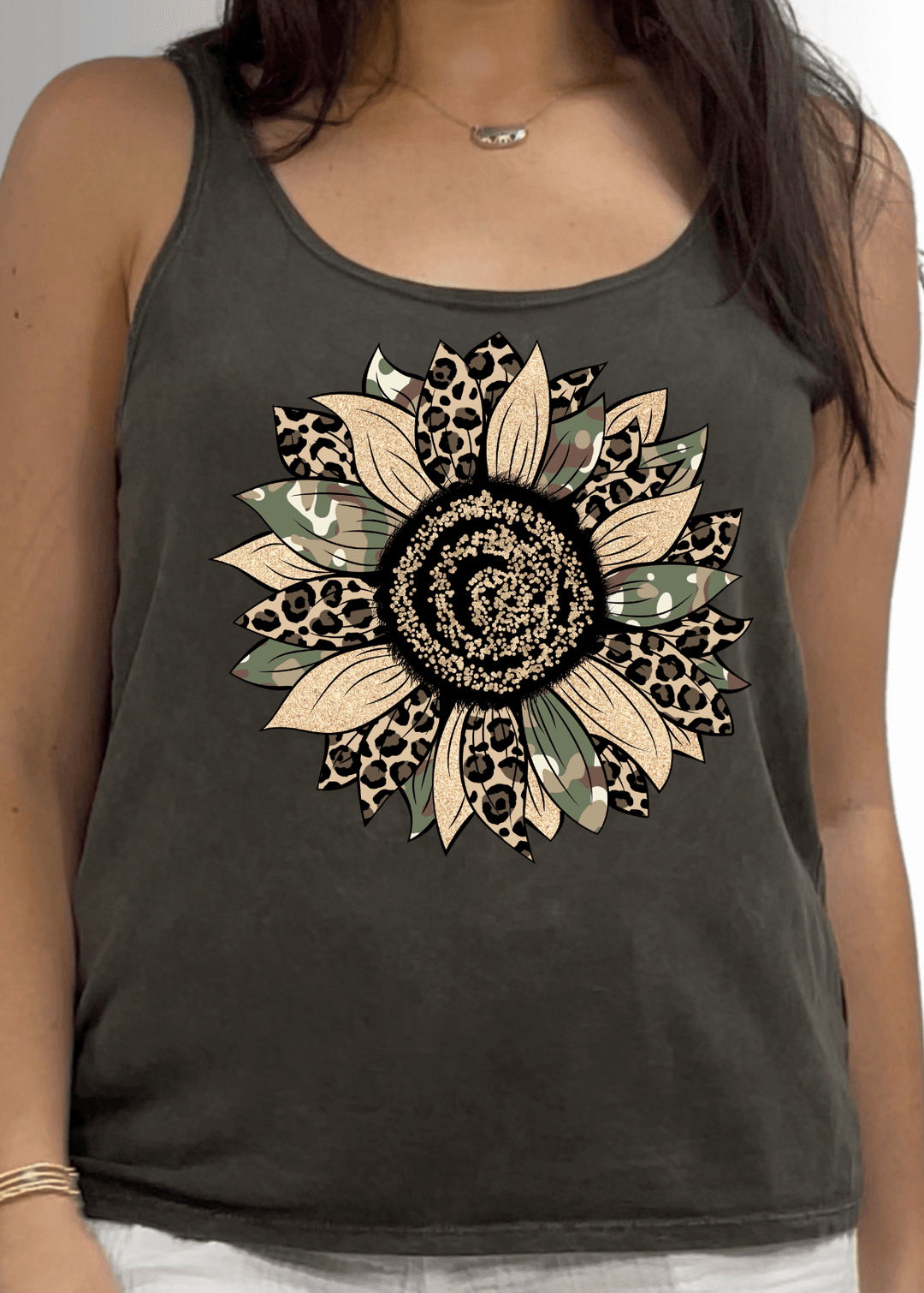 Made in USA Women's Mixed Media Camo Leopard Print Sunflower Graphic on Sustainable Durable Premium America-made Cotton Tank Top, Mineral Washed Vintage Look | Classy Cozy Cool Made in USA Boutique