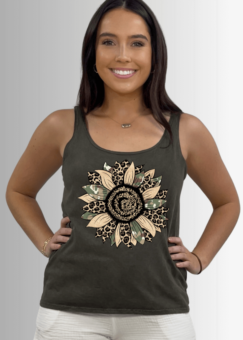 Made in USA Women's Mixed Media Camo Leopard Print Sunflower Graphic on Sustainable Durable Premium America-made Cotton Tank Top, Mineral Washed Vintage Look | Classy Cozy Cool Made in USA Boutique