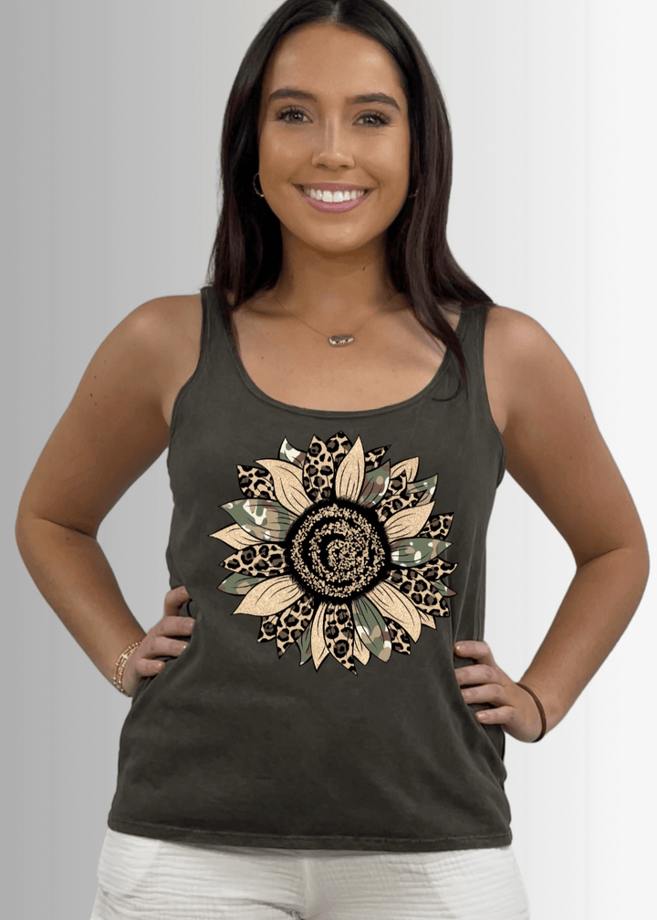 Made in USA Women's Mixed Media Camo Leopard Print Sunflower Graphic on Sustainable Durable Premium America-made Cotton Tank Top, Mineral Washed Vintage Look | Classy Cozy Cool Made in USA Boutique