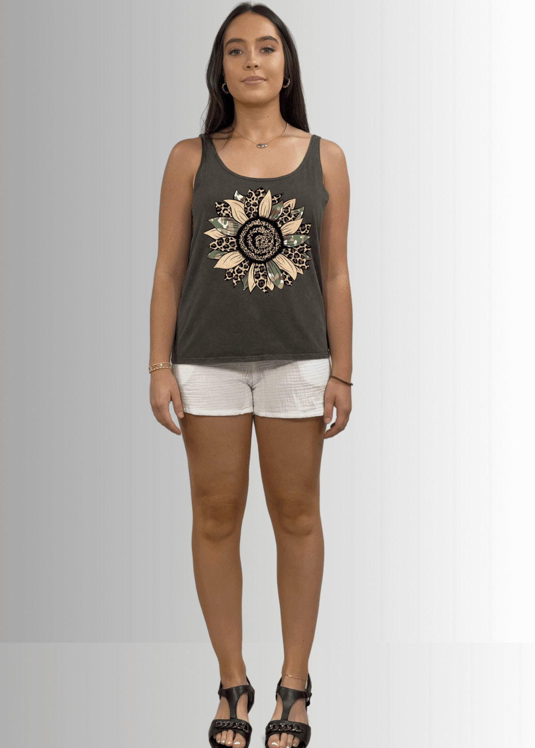 Made in USA Women's Mixed Media Camo Leopard Print Sunflower Graphic on Sustainable Durable Premium America-made Cotton Tank Top, Mineral Washed Vintage Look | Classy Cozy Cool Made in USA Boutique