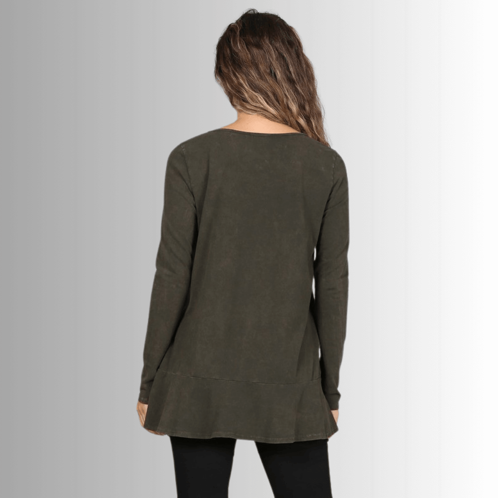 USA Made Ladies High Low Hem Casual Long Sleeve Cotton Tee in Mineral Washed Dark Moss Green | Classy Cozy Cool Women's Made in America Boutique