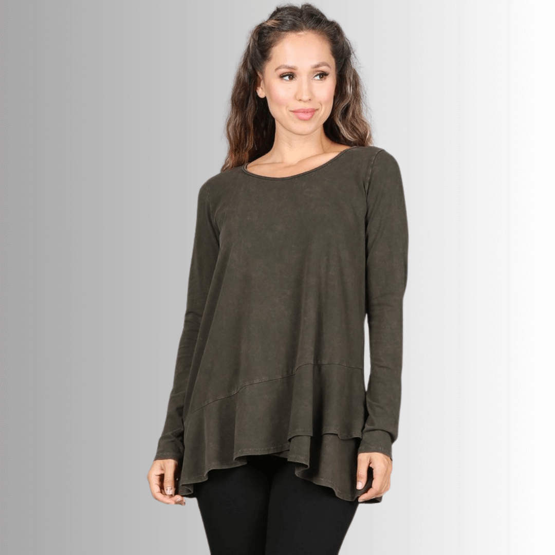 USA Made Ladies High Low Hem Casual Long Sleeve Cotton Tee in Mineral Washed Dark Moss Green | Classy Cozy Cool Women's Made in America Boutique