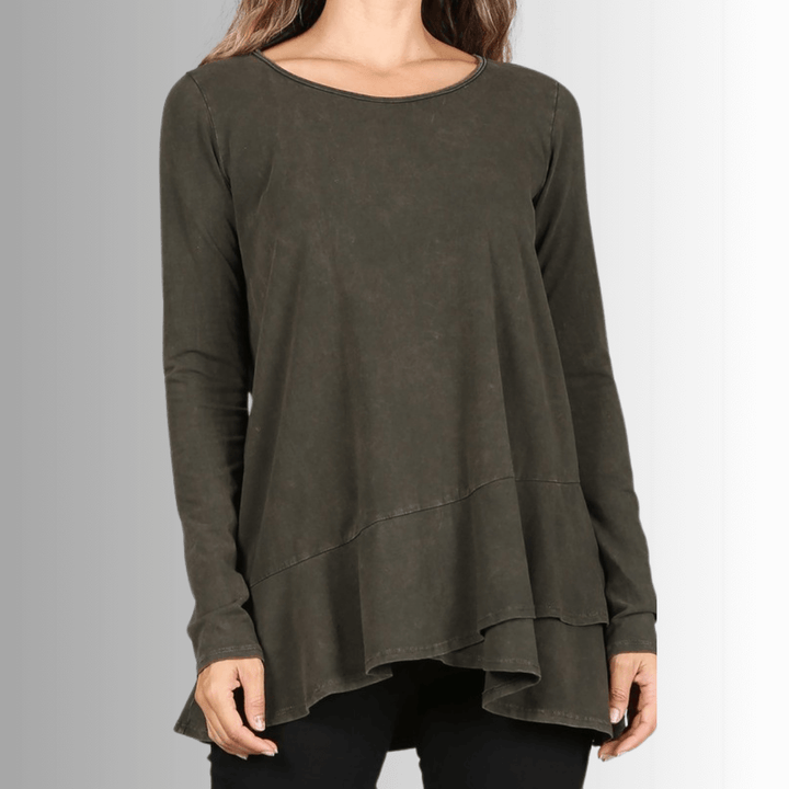 USA Made Ladies High Low Hem Casual Long Sleeve Cotton Tee in Mineral Washed Dark Moss Green | Classy Cozy Cool Women's Made in America Boutique