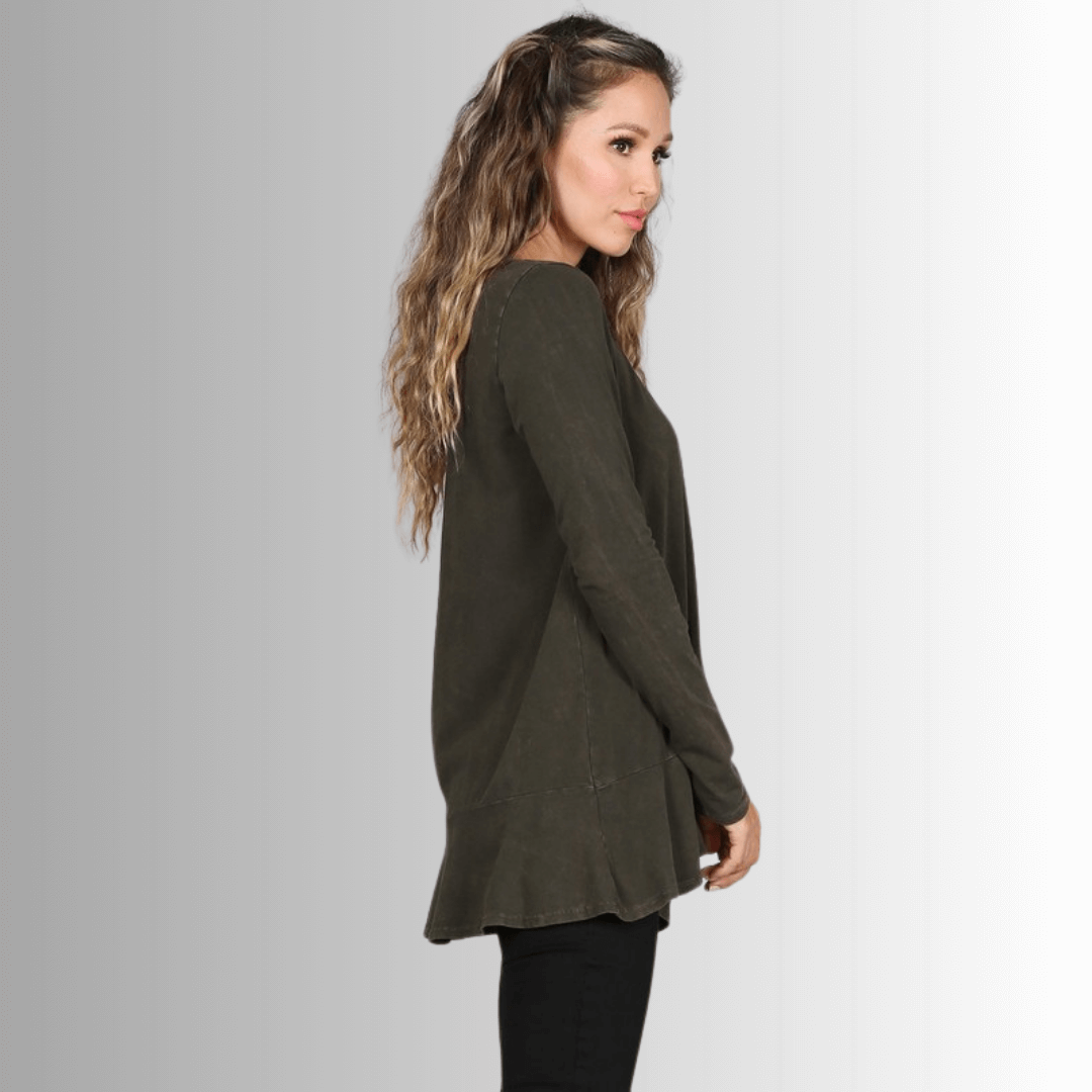 USA Made Ladies High Low Hem Casual Long Sleeve Cotton Tee in Mineral Washed Dark Moss Green | Classy Cozy Cool Women's Made in America Boutique