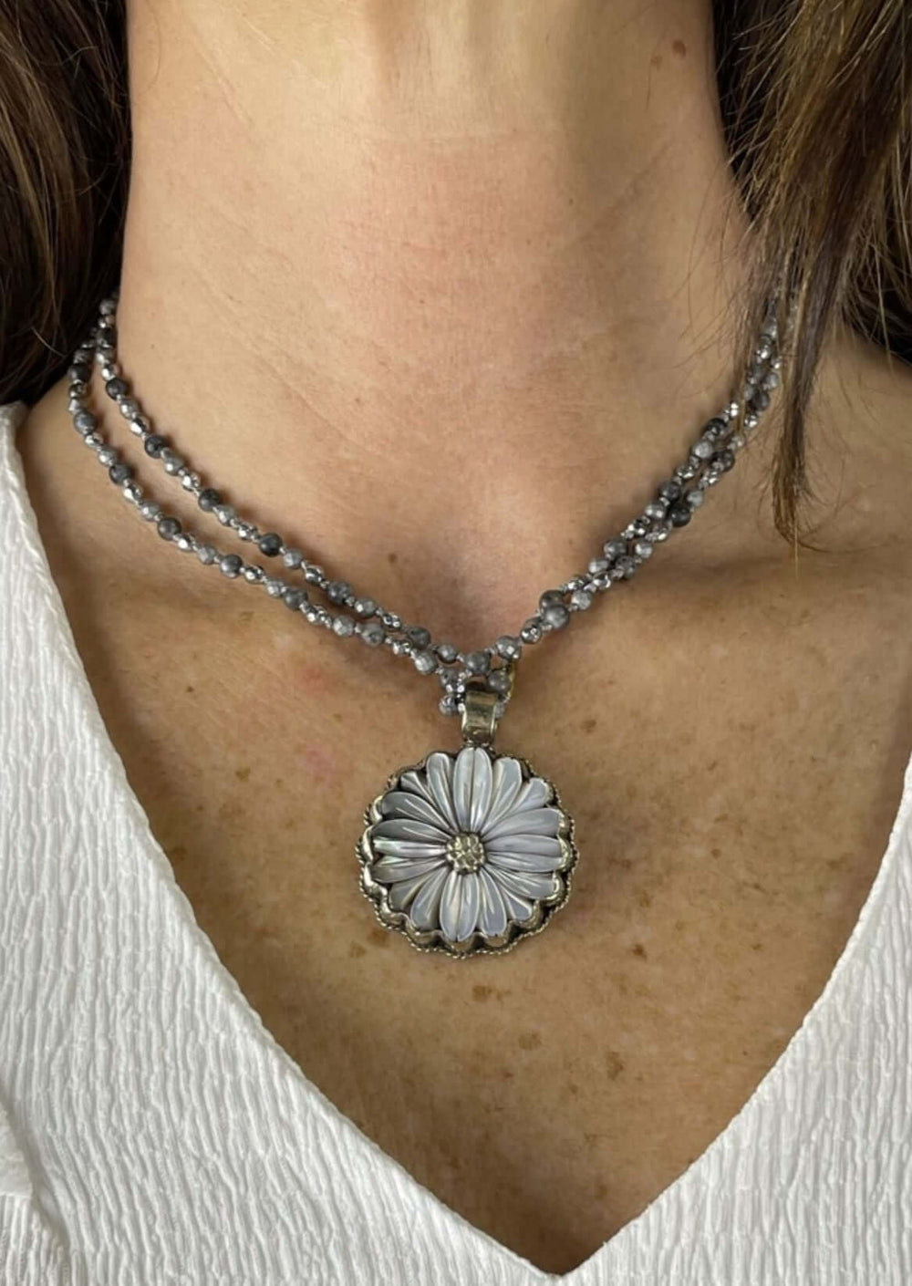USA Made Mother of Pearl Daisy Pendant Charm Necklace Wear Long or Short | Fashion Jewelry Handmade in Texas by Carol Su | Made in America Boutique