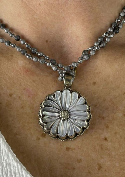 USA Made Mother of Pearl Daisy Pendant Charm Necklace Wear Long or Short | Fashion Jewelry Handmade in Texas by Carol Su | Made in America Boutique