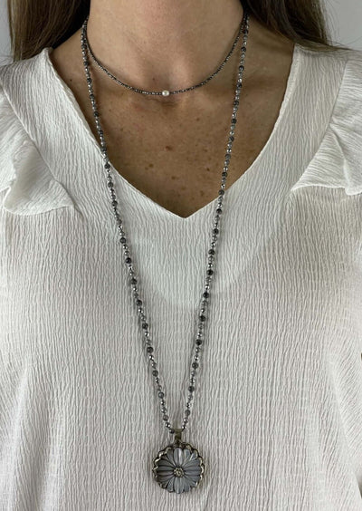 USA Made Dainty Beaded Necklace with Pearl Center Piece Adjustable Length in Gunmetal  | Fashion Jewelry Handmade in Texas by Carol Su | Made in America Boutique