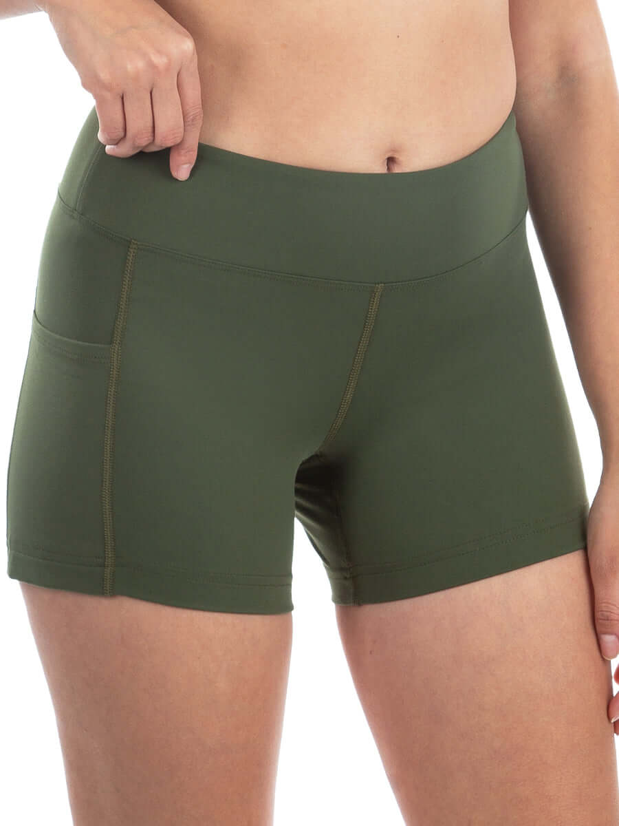 Made in USA WSI Sportswear Motion Pocketed Moisture Wicking Athletic Biker Shorts,  Flat locked seams, Side Pocket 5" Inseam,  Color: Olive Green 