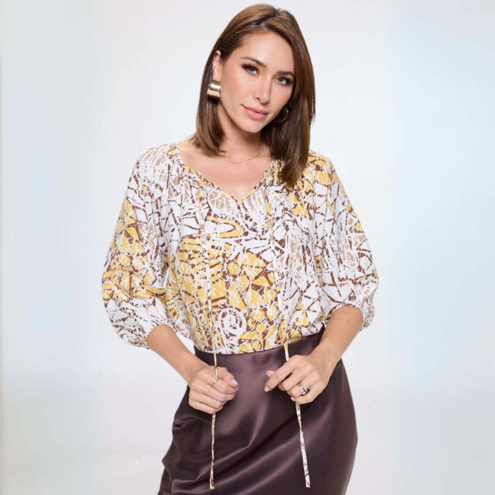 USA Made Women's Unique Abstract Print V-Neck Blouse with Tie Front and 3/4 Sleeves in Tan, Mustard, Brown and White | Renee C Style# 4472TPA | Classy Cozy Cool Women's Made in USA Boutique