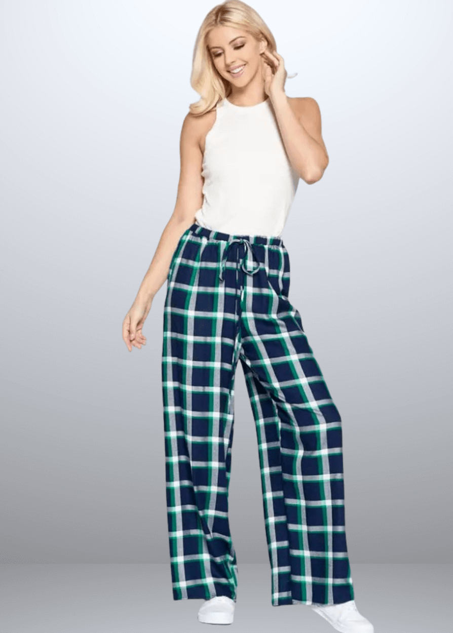 Made in USA Women's Rayon Plaid Lounge Pants, Relaxed Lounge Fit Plaid Pajama Pants, Material is Soft and Lightweight, High Rise, Red or Navy Plaid, Renee C N1313PT