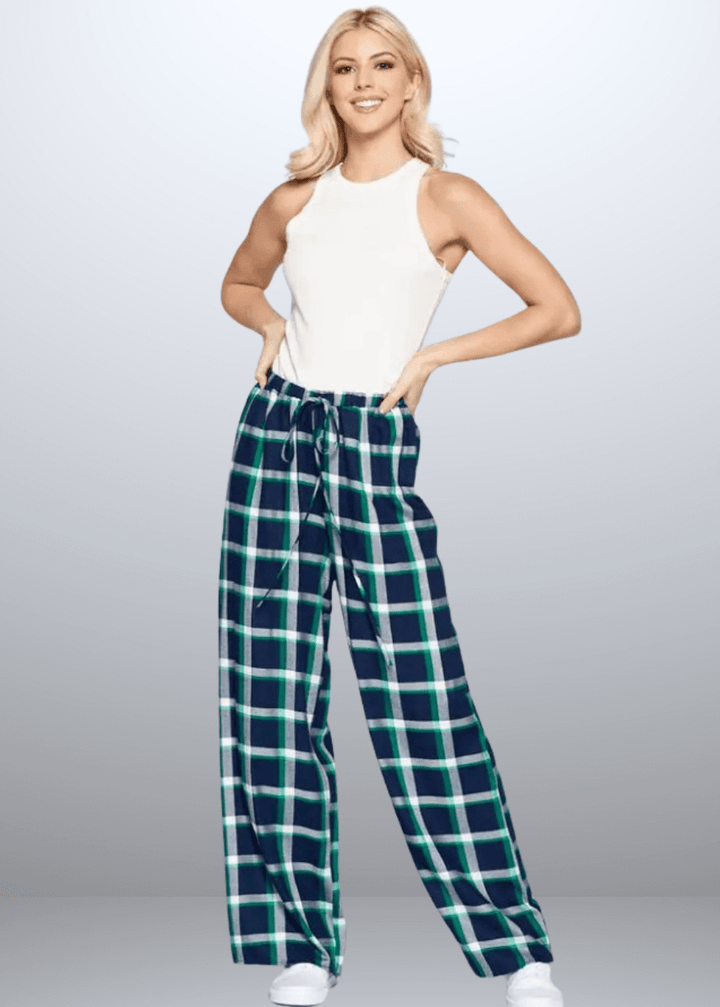 Made in USA Women's Rayon Plaid Lounge Pants, Relaxed Lounge Fit Plaid Pajama Pants, Material is Soft and Lightweight, High Rise, Red or Navy Plaid, Renee C N1313PT