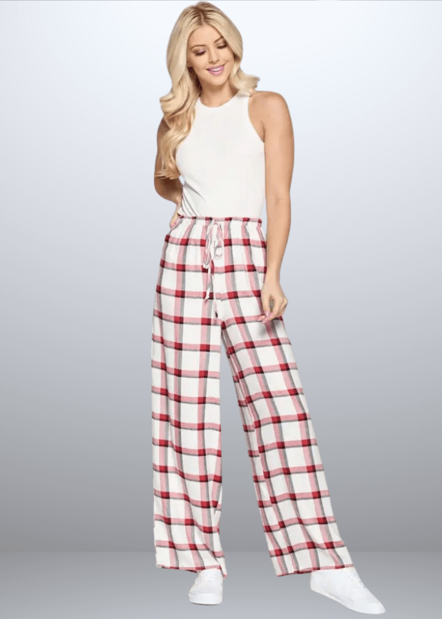 Made in USA Women's Rayon Plaid Lounge Pants, Relaxed Lounge Fit Plaid Pajama Pants, Material is Soft and Lightweight, High Rise, Red or Navy Plaid, Renee C N1313PT