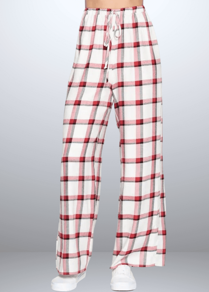 Made in USA Women's Rayon Plaid Lounge Pants, Relaxed Lounge Fit Plaid Pajama Pants, Material is Soft and Lightweight, High Rise, Red or Navy Plaid, Renee C N1313PT