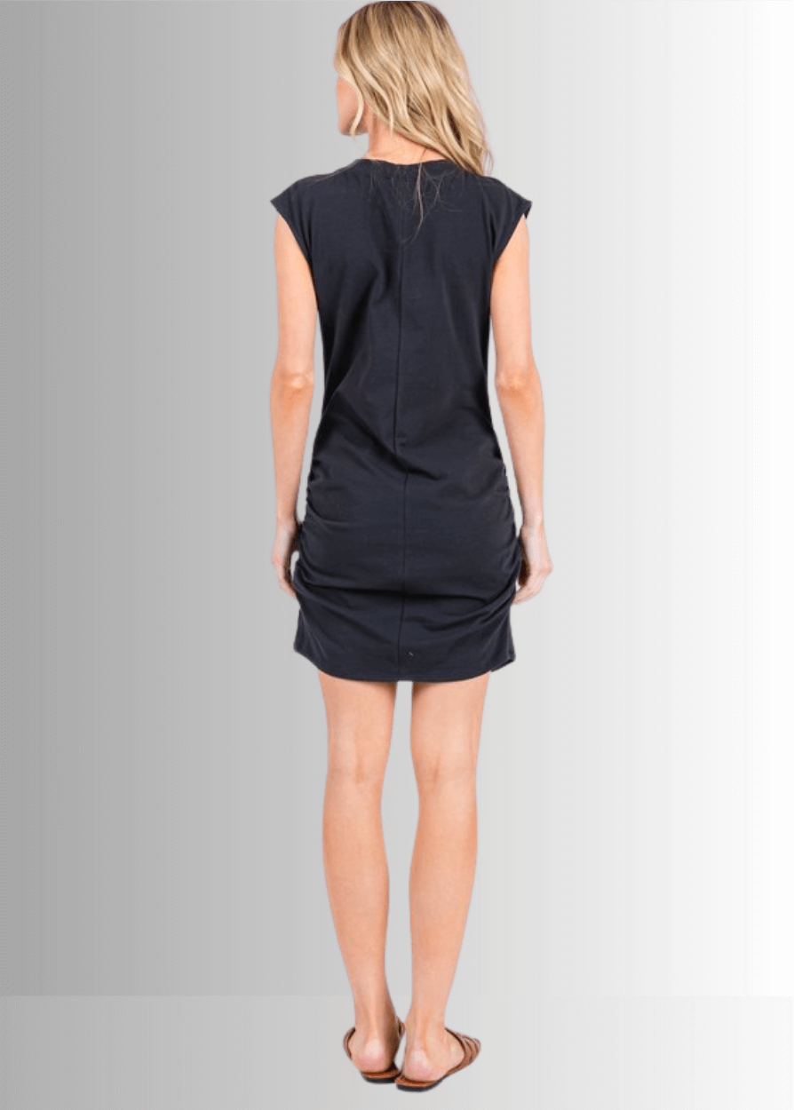 Made in USA Women's Sleeveless Cotton Mini Dress or Tunic with Shirring Detail and Crossover Hem in Graphite or Seagrass Colors  | Style ND41025 | Classy Cozy Cool Made in USA Boutique