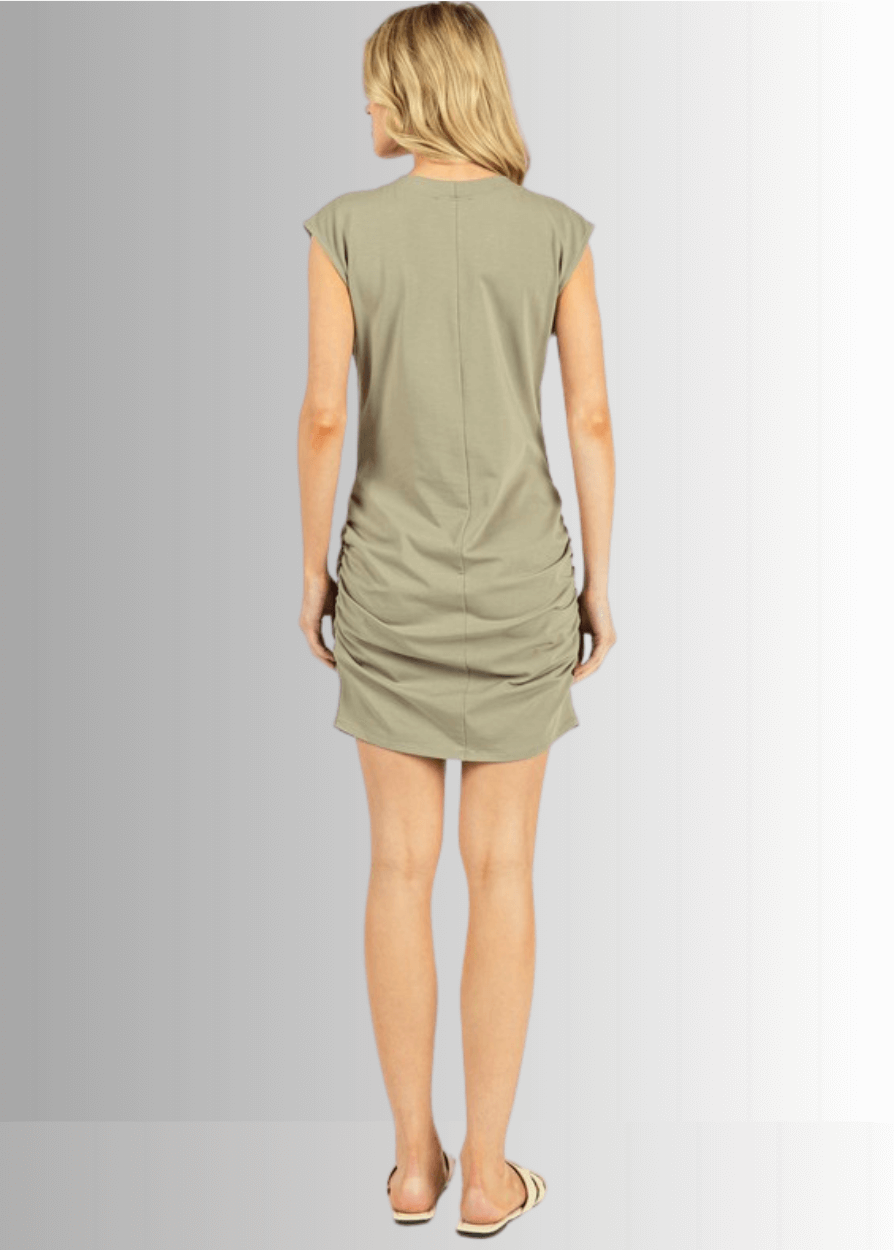 Made in USA Women's Sleeveless Cotton Mini Dress or Tunic with Shirring Detail and Crossover Hem in Graphite or Seagrass Colors  | Style ND41025 | Classy Cozy Cool Made in USA Boutique