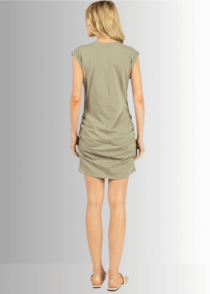 Made in USA Women's Sleeveless Cotton Mini Dress or Tunic with Shirring Detail and Crossover Hem in Graphite or Seagrass Colors  | Style ND41025 | Classy Cozy Cool Made in USA Boutique