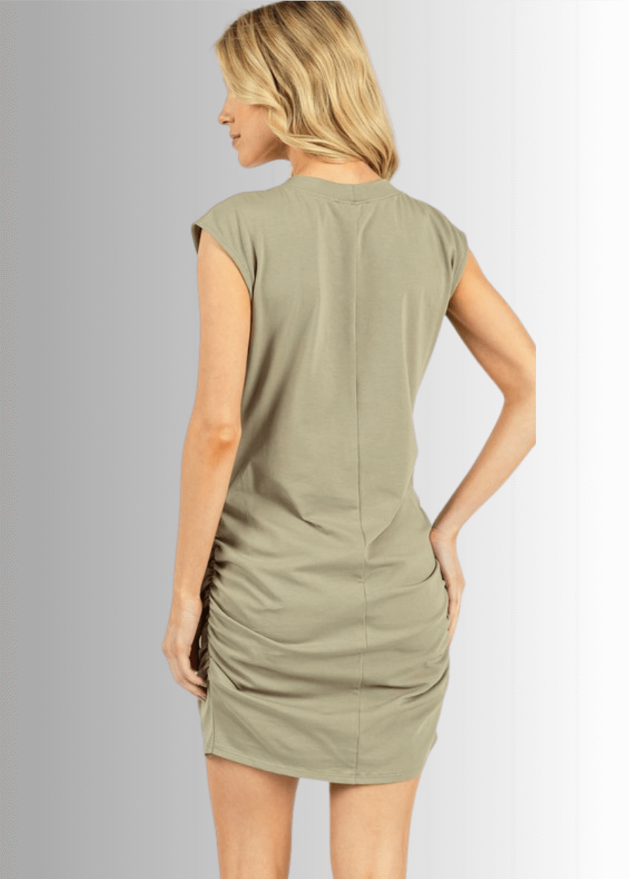 Made in USA Women's Sleeveless Cotton Mini Dress or Tunic with Shirring Detail and Crossover Hem in Graphite or Seagrass Colors  | Style ND41025 | Classy Cozy Cool Made in USA Boutique