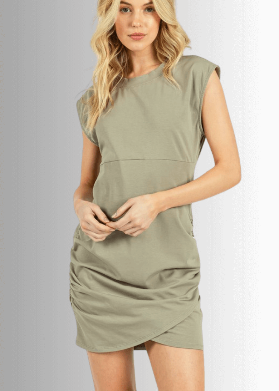 Made in USA Women's Sleeveless Cotton Mini Dress or Tunic with Shirring Detail and Crossover Hem in Graphite or Seagrass Colors  | Style ND41025 | Classy Cozy Cool Made in USA Boutique