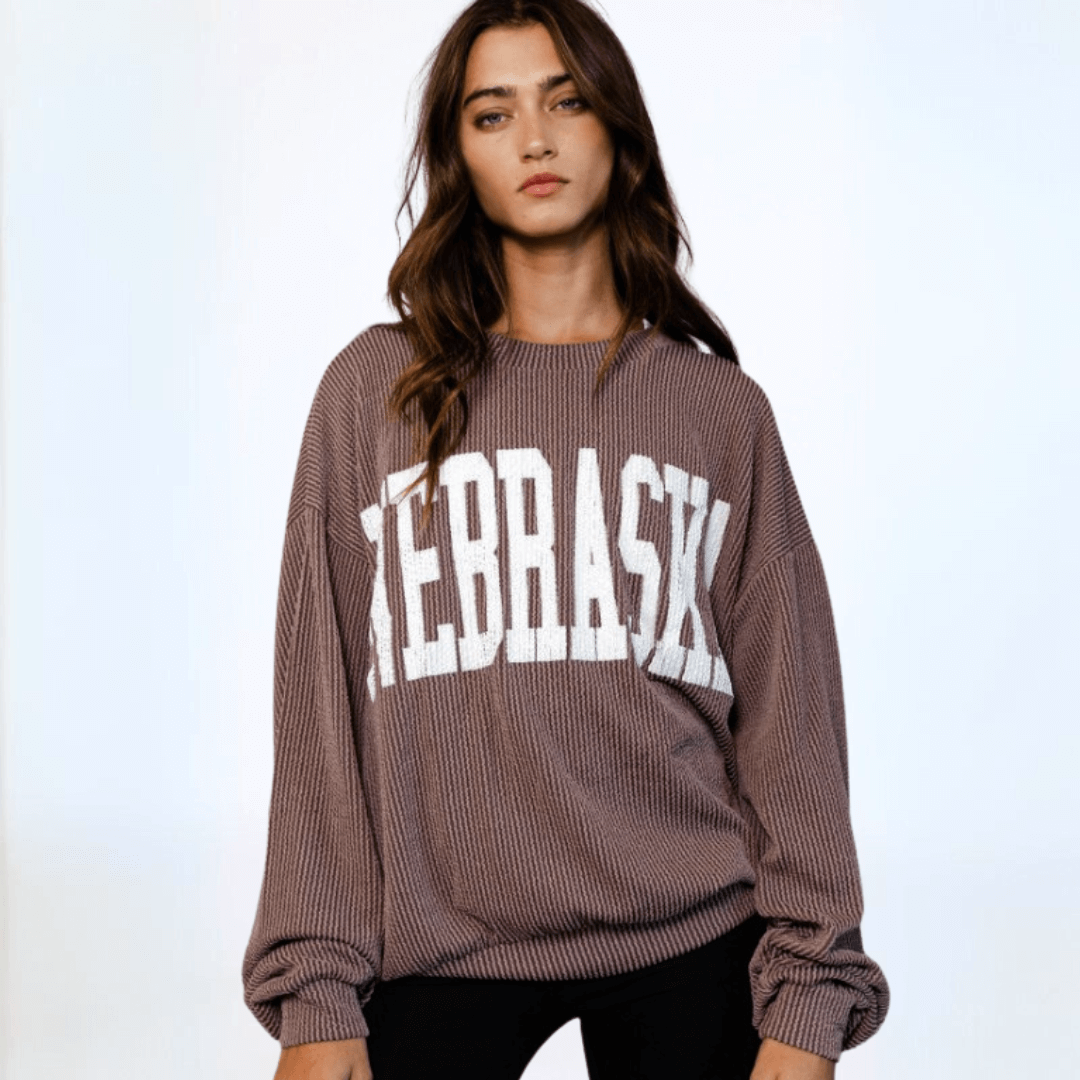 Made in USA Textured "NEBRASKA" Graphic Oversized Game Day Textured Ribbed Sweatshirt in Mocha with Crew Neck and Long Sleeves  | Bucket List Style T1770