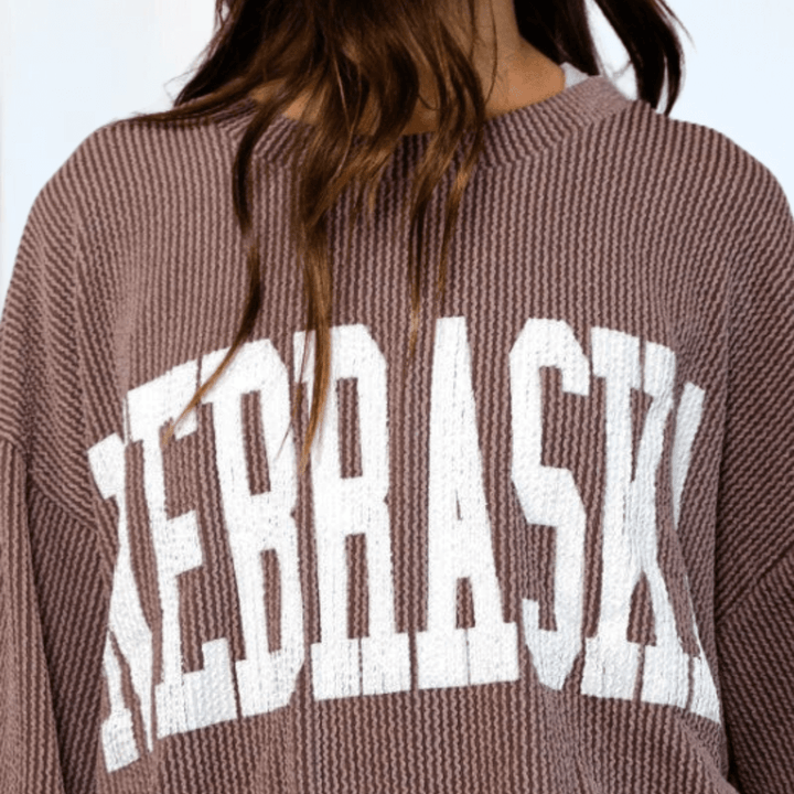 Made in USA Textured "NEBRASKA" Graphic Oversized Game Day Textured Ribbed Sweatshirt in Mocha with Crew Neck and Long Sleeves  | Bucket List Style T1770