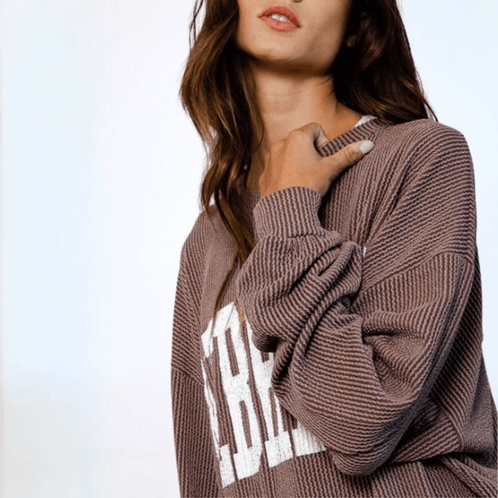 Made in USA Textured "NEBRASKA" Graphic Oversized Game Day Textured Ribbed Sweatshirt in Mocha with Crew Neck and Long Sleeves  | Bucket List Style T1770