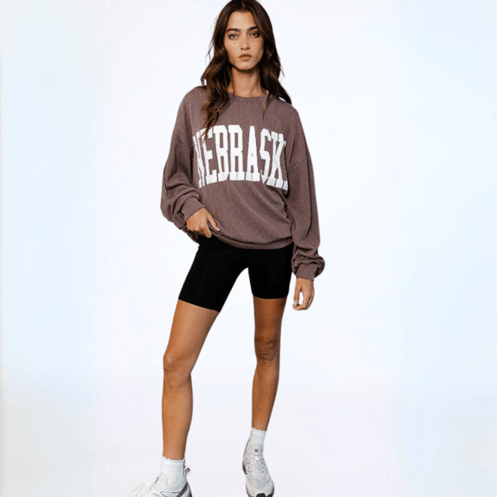 Made in USA Textured "NEBRASKA" Graphic Oversized Game Day Textured Ribbed Sweatshirt in Mocha with Crew Neck and Long Sleeves  | Bucket List Style T1770