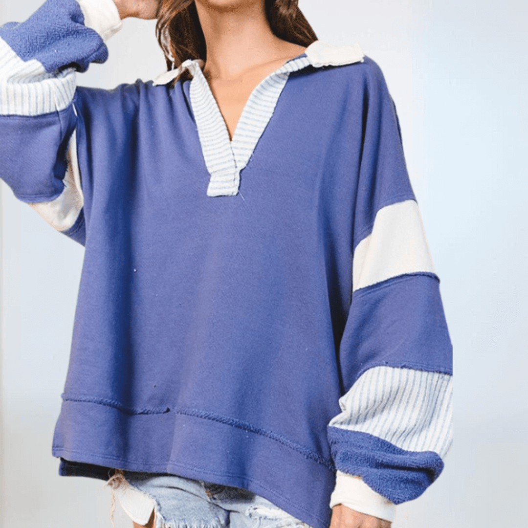 Brand: Bucket List Clothing Style# T2004 | Oversized Ladies French Terry 100% Cotton Color Block Sweatshirt with Collar in Navy/Cream | Made in USA