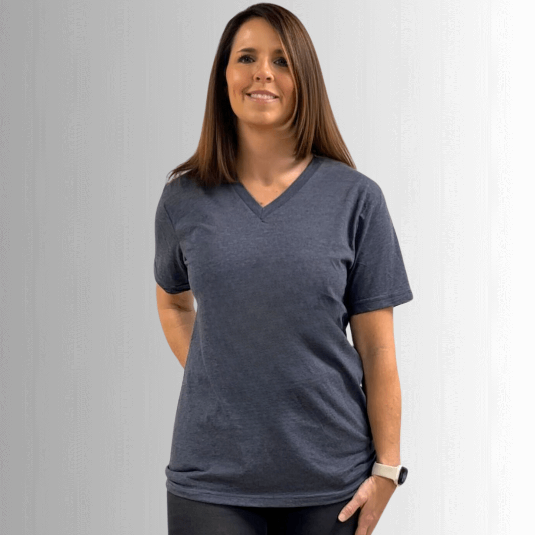 Made in USA Women's V-Neck Short Sleeves Longer Length, Vintage Soft Feel Tee Shirt Available in Indigo Blue and Cardinal Red 50% Cotton 50% Polyester 