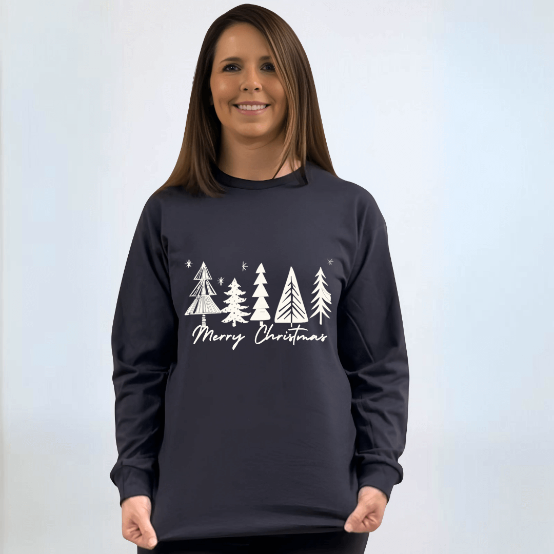 Made in USA Women's Christmas Tree Graphic with Merry Christmas in White on Long Sleeve Navy Tee, 100% Cotton | Classy Cozy Cool Made in America Boutique