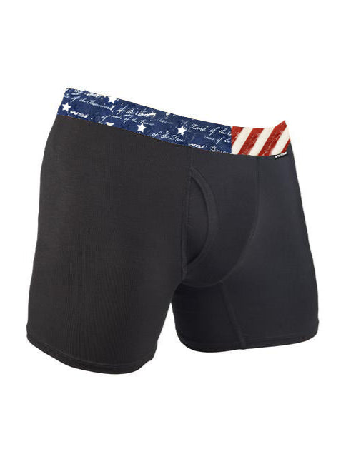 Made in USA WSI Sportswear Men's HYPRTECH™ BAMBOO Boxer Brief w/ Fly, advanced moisture-wicking properties and durability, Contoured pouch, Built in Fly, Relaxed fit Utilizes HYPRTECH™ BAMBOO low compression, a new and innovative eco-friendly technology Advanced moisture wicking properties 7.25" Inseam with Patriotic American Flag Band