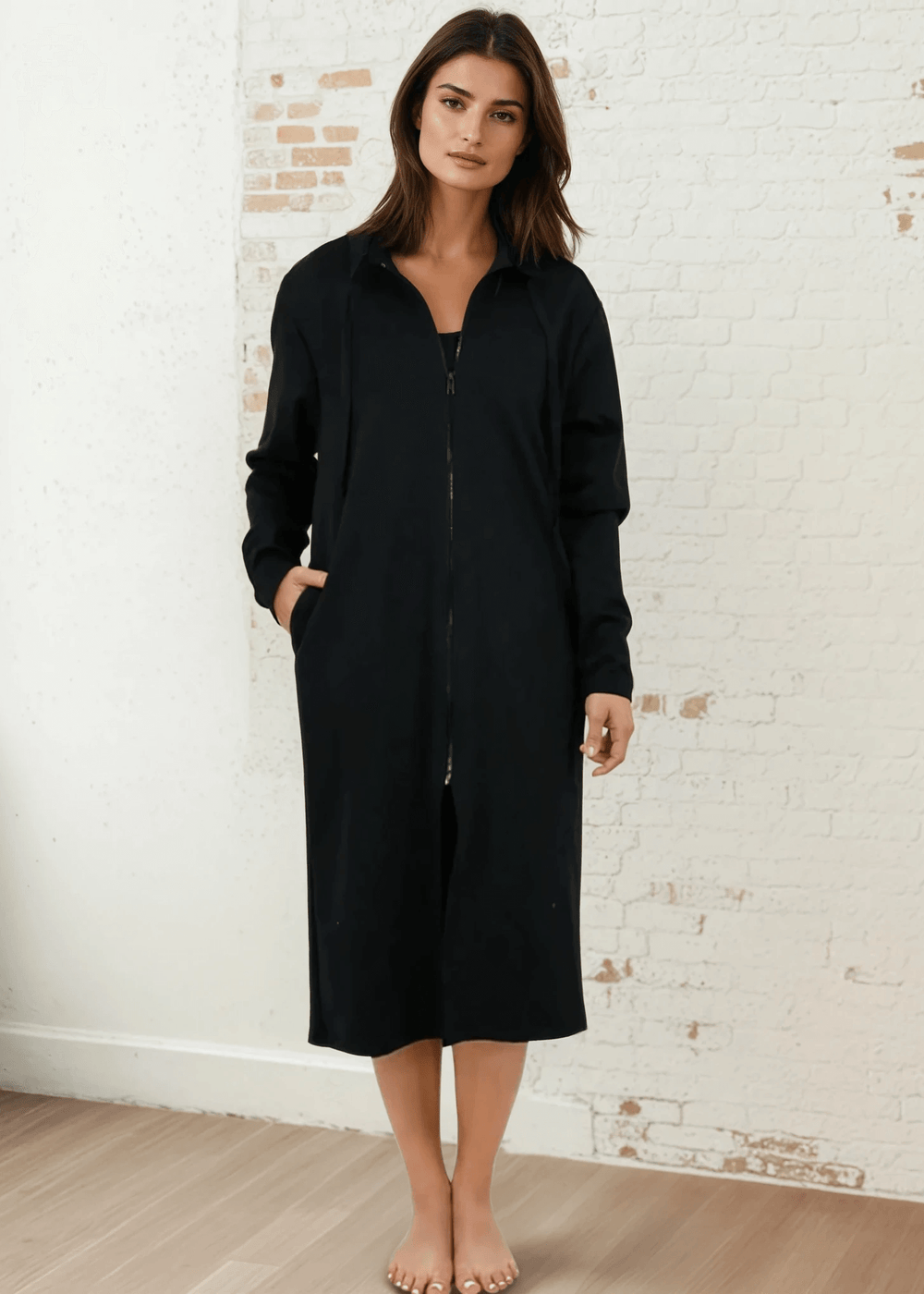 Made in USA with Imported Fabric | Women's Premium Heavyweight Warm and Cozy Soft Cotton Blend Long Zipper Front Hoodie Sweatshirt Jacket in Black