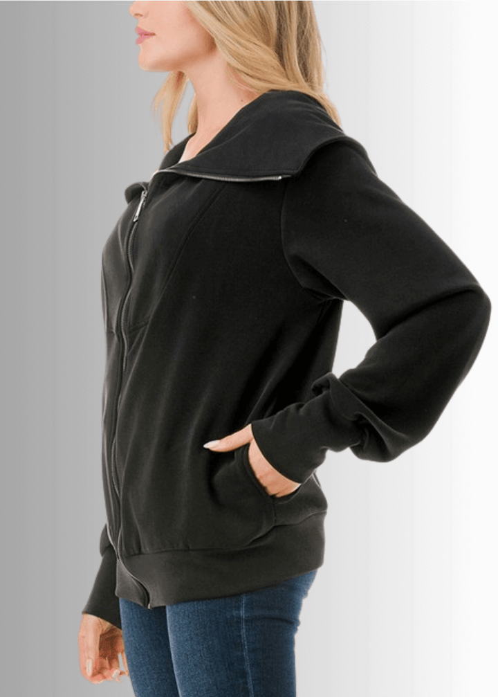 Made in USA Women's Super Soft Scuba Fabric Relaxed Fit Zip Front Jacket with Big Collar and Side Pockets, Material Compares to LuLulemon Scuba Line, Wrinkle, Available in Black and Ivory