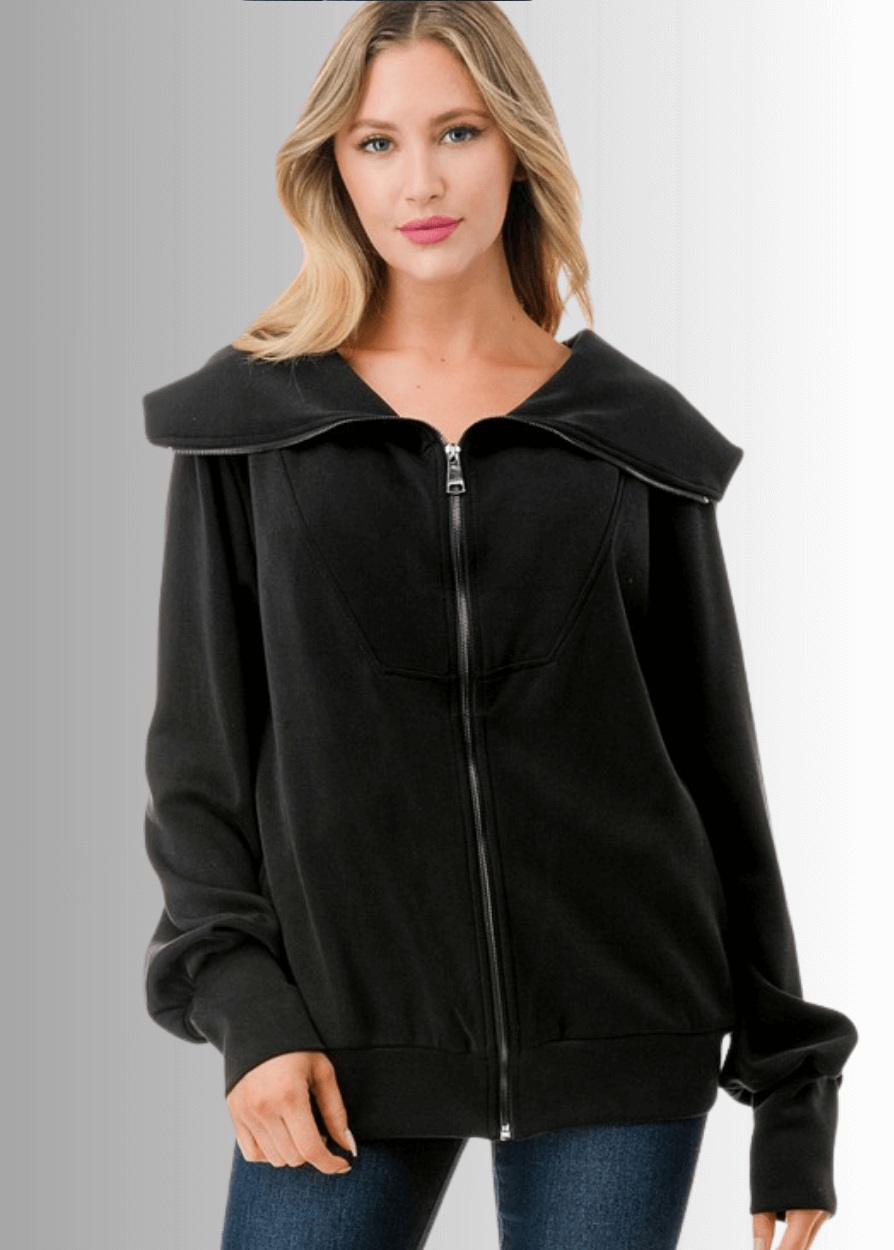 Made in USA Women's Super Soft Scuba Fabric Relaxed Fit Zip Front Jacket with Big Collar and Side Pockets, Material Compares to LuLulemon Scuba Line, Wrinkle, Available in Black and Ivory