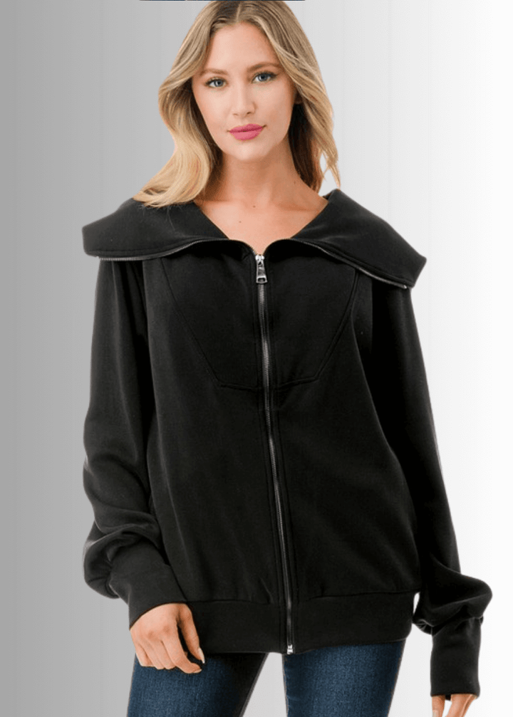 Made in USA Women's Super Soft Scuba Fabric Relaxed Fit Zip Front Jacket with Big Collar and Side Pockets, Material Compares to LuLulemon Scuba Line, Wrinkle, Available in Black and Ivory