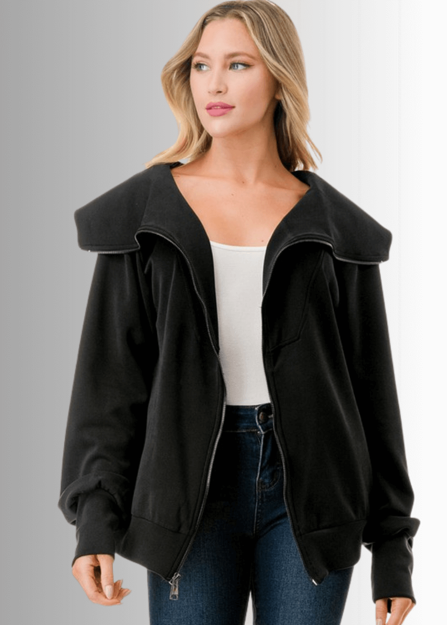 Made in USA Women's Super Soft Scuba Fabric Relaxed Fit Zip Front Jacket with Big Collar and Side Pockets, Material Compares to LuLulemon Scuba Line, Wrinkle, Available in Black and Ivory