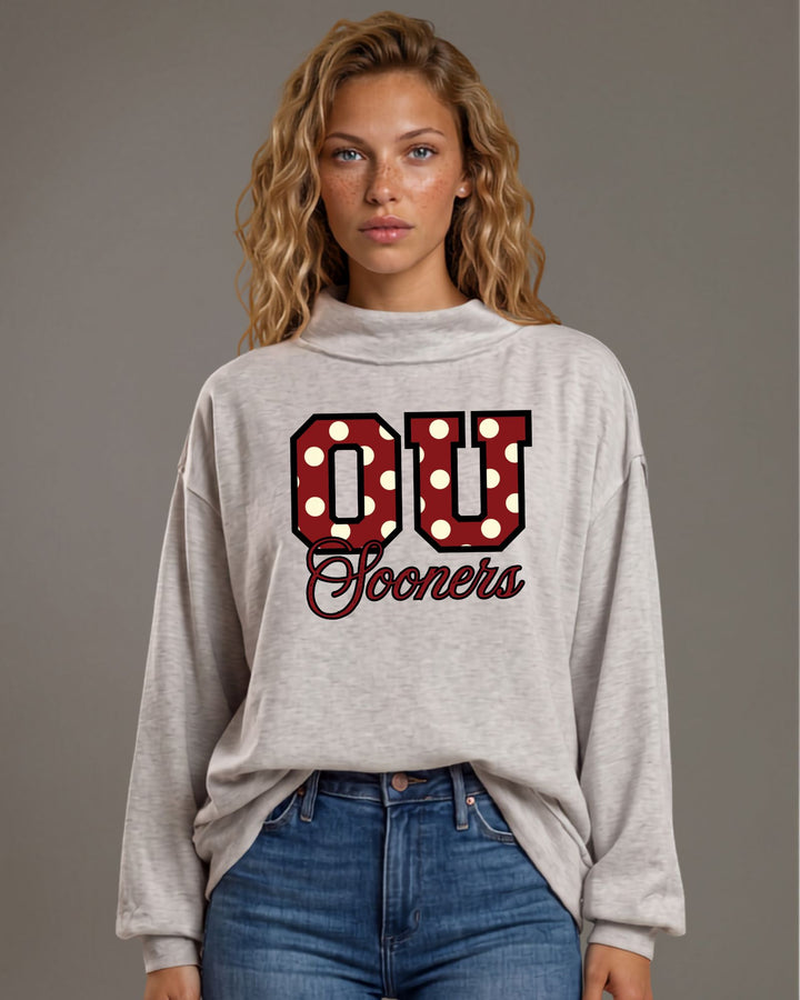 OU Sooners gameday polka dot graphic mock neck sweatshirt in heather grey. Oversized, super soft, made in USA. Perfect gameday top. Sizes S–L.