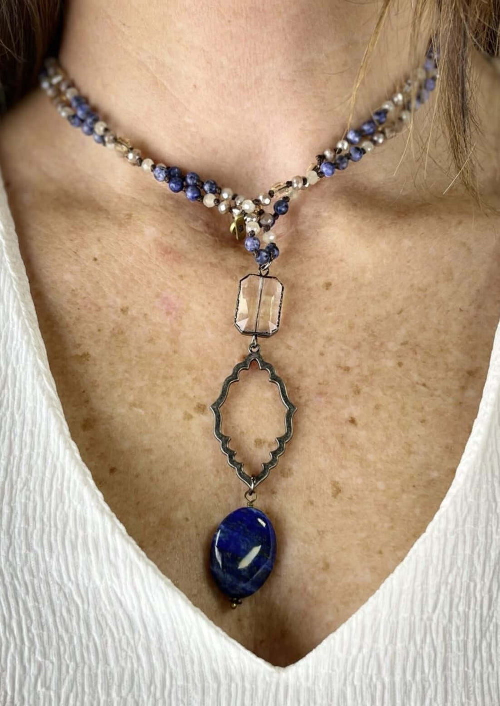 USA Made Ladies Blue Stone Pendant Natural Stone Charm Necklace Where Long or Short | Fashion Jewelry Handmade in Texas by Carol Su | Made in America Boutique