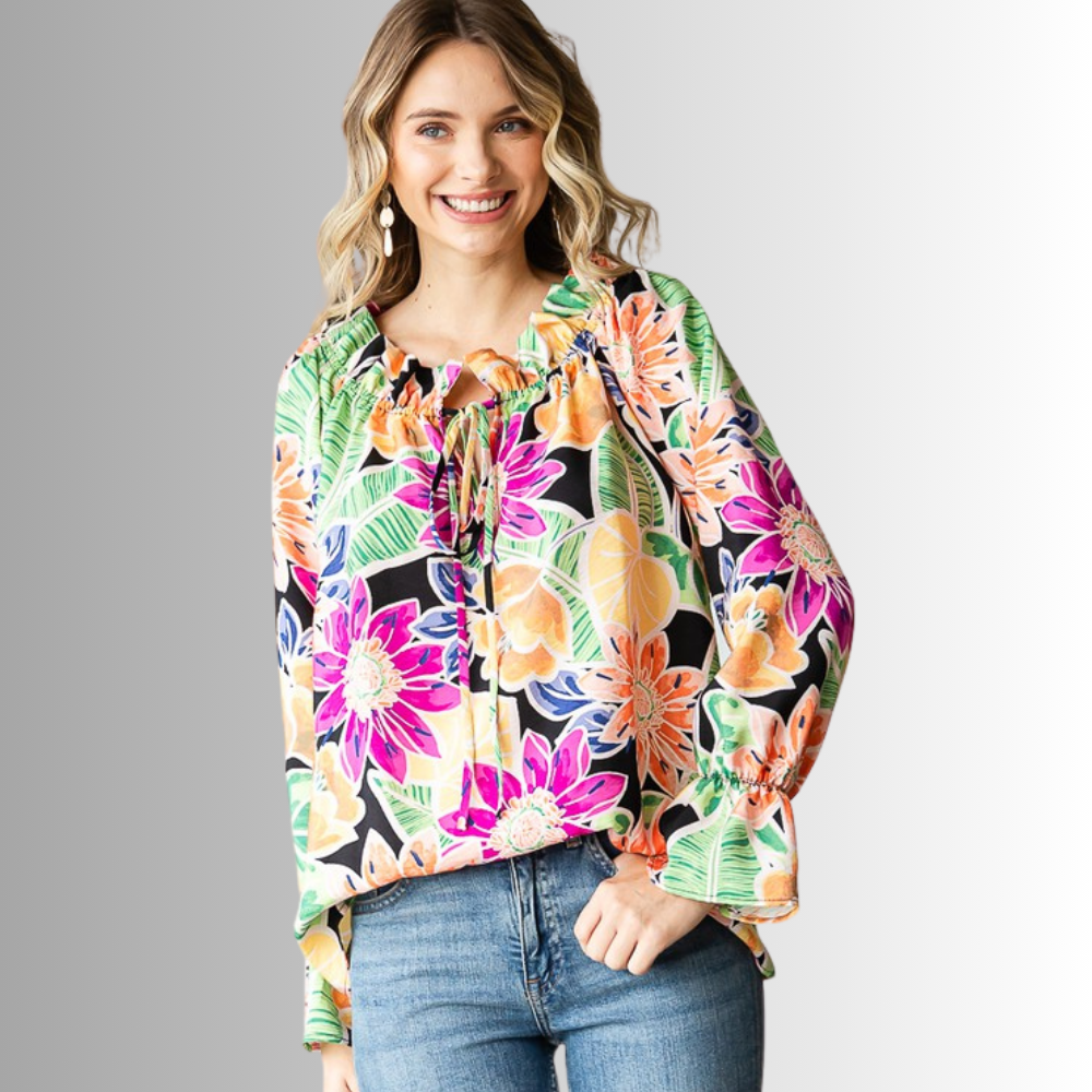 USA Made Ladies Off the Shoulder Colorful Floral Top with Ruffled Neckline & Tie Front  | Classy Cozy Cool Women's Made in America Clothing Boutique