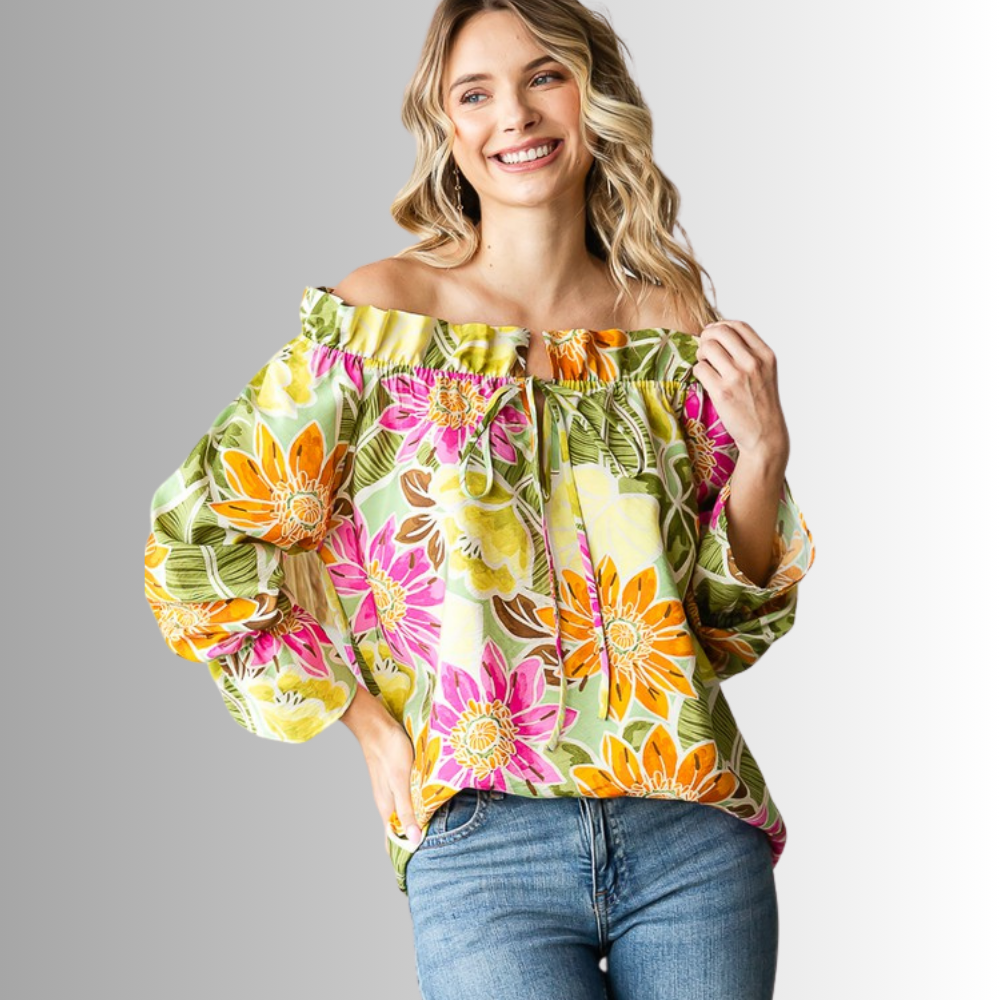 USA Made Ladies Off the Shoulder Colorful Floral Top with Ruffled Neckline & Tie Front  | Classy Cozy Cool Women's Made in America Clothing Boutique