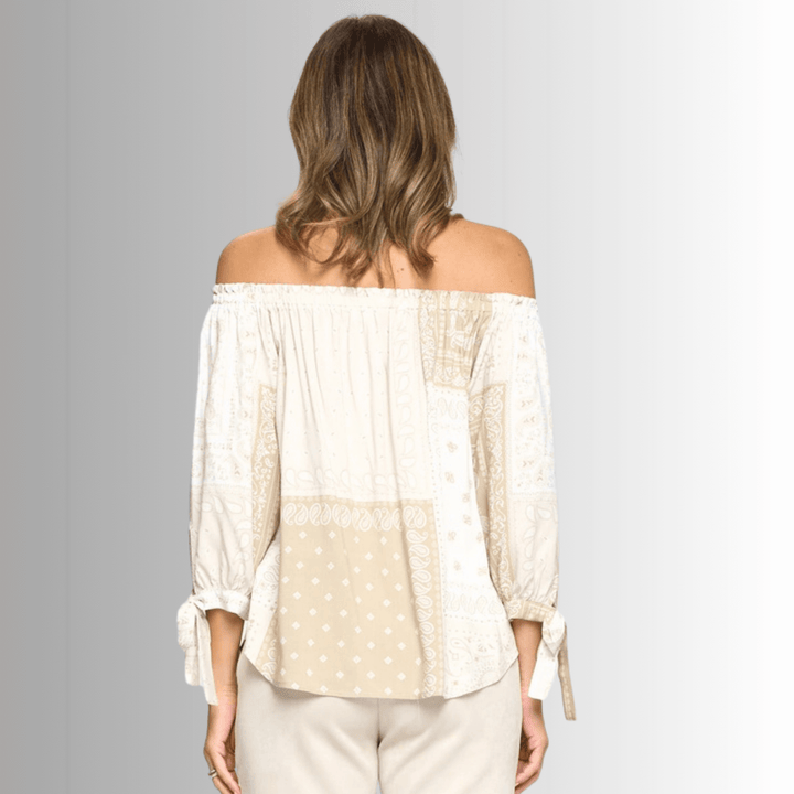 USA Made Women's Bandana Print Off the Shoulder Top in Tan and White | Renee C Style# 3499TPC | Classy Cozy Cool Women's Made in USA Boutique