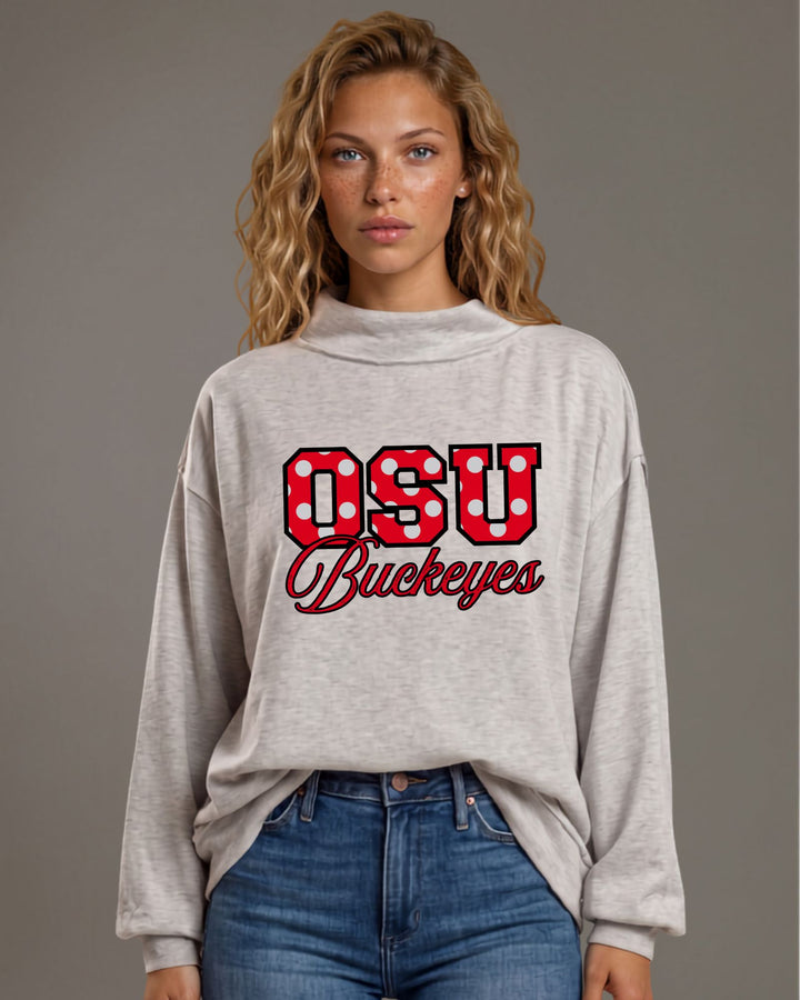 OSU Buckeyes gameday polka dot graphic mock neck sweatshirt in heather grey. Oversized, super soft, made in USA. Perfect gameday top. Sizes S–L.